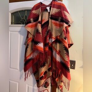 Free People Southwestern Patterned Oversized Poncho with Fringe
